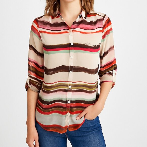 Bar III Tops - Bar III Womens M Multicolor Striped Button Front Long Sleeve Sheer Blouse Top